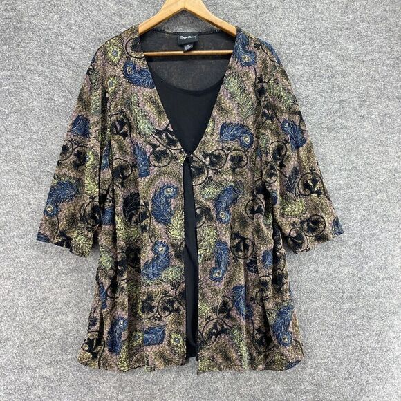 Maggie Barnes Top Women 2X Plus Gray Feather Print One Button 3/4 Sleeve Casual - Picture 1 of 8